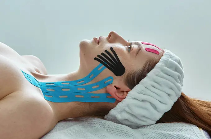 Kobieta leżąca z przyklejonymi taśmami kinesiotaping na twarzy, szyi i dekolcie.